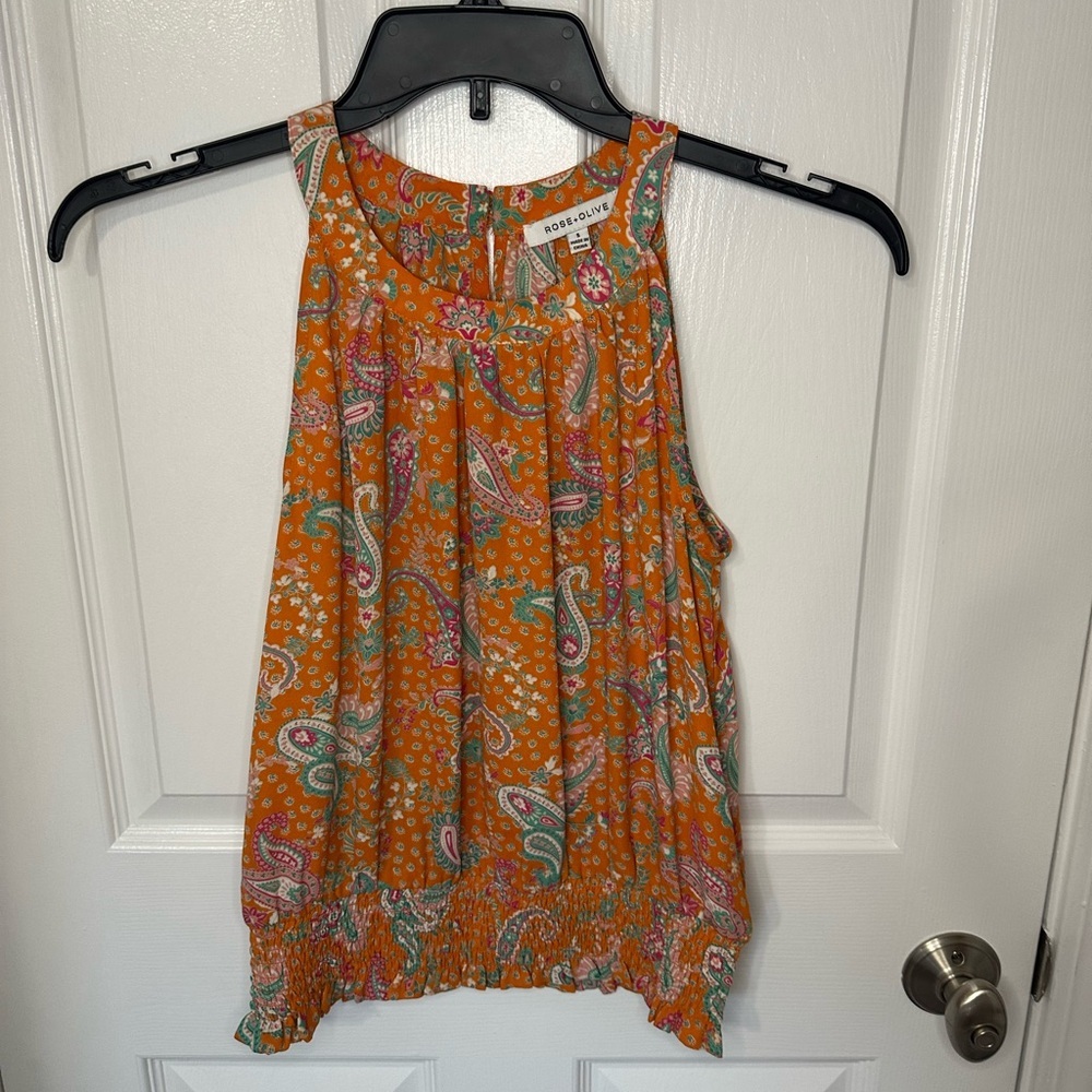 Rose & Olive Paisley Womens Blouse Small Elegant Fun Whimsical Dainty Rouched